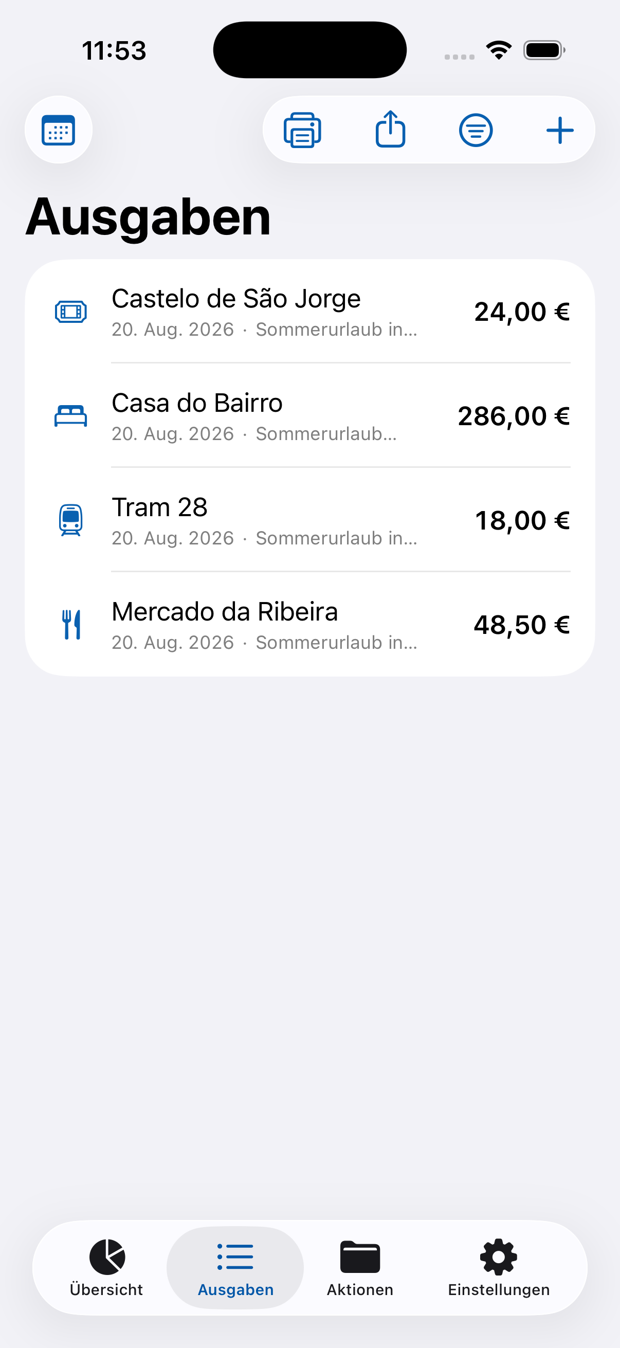 Ausgaben mit Kategorie, Person und Aufteilung übersichtlich in einer echten iPhone-Ansicht.